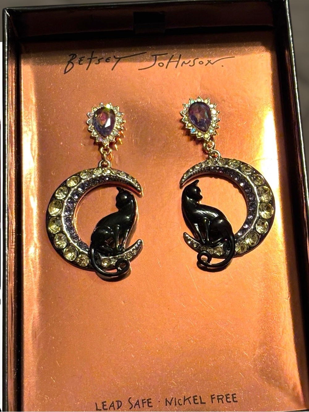NWT•Betsey Johnson Gold-Tone Crescent Moon Earrings with Black Cat